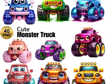 40 PNG Cute Monster Truck  Clipart , Children Car T-Shirt Design, Extreme Offroad Vehicle Clipart Illustrations, Shirt PNG , Commercial Use
