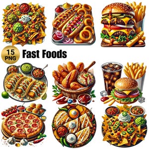 15 PNG Fast Food Clipart, lecker Hamburger, Pizza, Hot Dog, Bäckerei, Essen Clipart, Papierhandwerk Illustrationen, Wurst PNG, kommerzielle Nutzung
