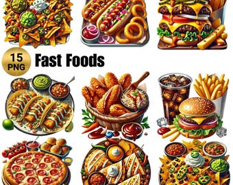 15 PNG Fast Foods Clipart , Tasty Hamburger, Pizza, Hot Dog, Bakery, Food clipart, Paper craft Illustrations, Sausage PNG , Commercial Use