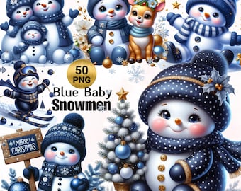 50 PNG Christmas Snowman Clipart , Blue Baby Snowman Collection, Snowman Family, Christmas Card Illustrations, Winter PNG , Commercial Use