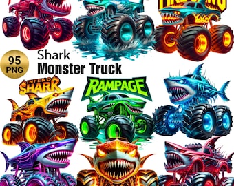 95 PNG サメモンスタートラッククリップアート、エクストリームオフロードビークルクリップアート、モンスタートラックバンドルイラスト、シャツ、マグカップPNG、商用利用