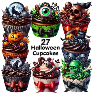 27 PNG Cupcakes de Halloween Clipart, Gráficos de postres aterradores, Arte festivo, Ilustraciones de postres espeluznantes, Cupcake PNG, Uso comercial