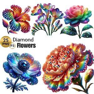 May include: A set of five diamond-like flowers in various colors, including blue, pink, orange, and yellow. The flowers are all detailed with iridescent glitter-like accents.