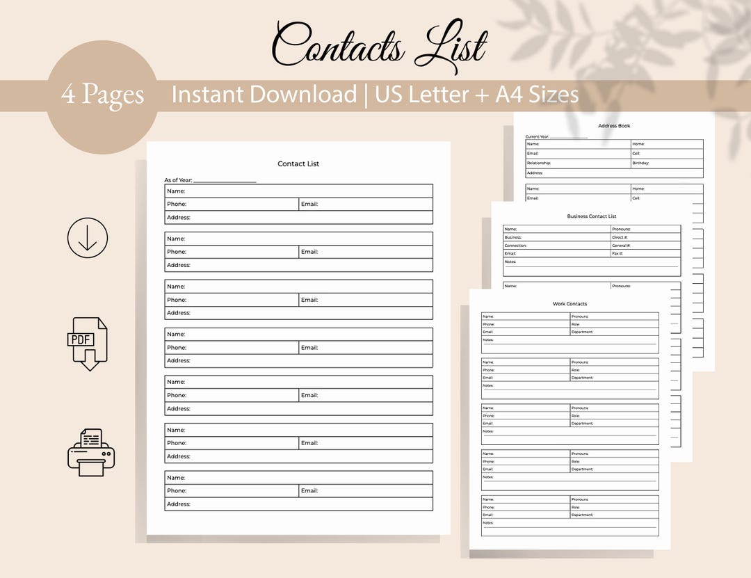 Printable Address Book Downloadable Contacts List for Office Business ...