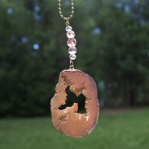 Crystal Geode Suncatcher: Gold Leaf Car Charm, Boho Rainbow Maker