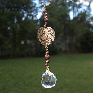 Monstera Leaf & Mushroom Crystal Suncatcher: Boho Car Charm