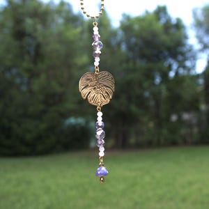 Purple Monstera Leaf Suncatcher: Gold Car Charm, Boho Window Decor