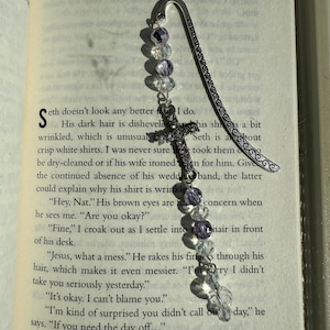 Purple Crystal Cross Bookmark: Beaded Silver Floral Page Marker