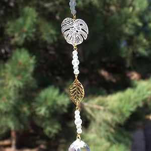 Gold Leaf Crystal Car Charm: Boho Rainbow Sun Catcher