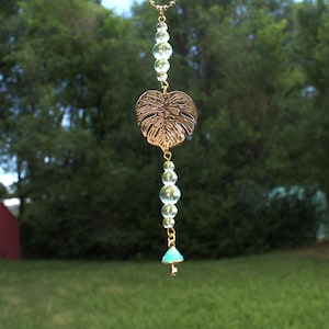 Monstera Leaf & Mushroom Crystal Suncatcher: Boho Car Charm