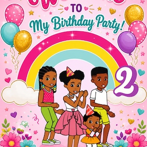 May include: A vibrant birthday party invitation with the words "Welcome to My Birthday Party!" and the name "Marrilynn". The design features a rainbow, balloons, cartoon figures, and the number 2.