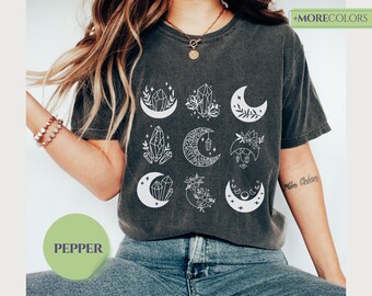 Celestial Shirt Gift for Her Spiritual Astrology Moon T-shirt Women Mystical Moon Phases Tee Vintage Crystal Moon Shirt Astronomy Shirt
