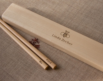Customized Chopstick Box Set with Your Personalized Message Engraved - Maple Wood