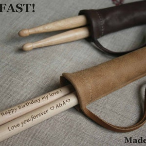 FREE SHIP, Drumsticks + Leather Pouch, Personalized Engraved Drum Sticks + Leather Case, Drummer Gift, Boyfriend, Husband, Father