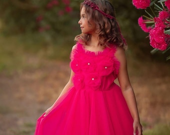 Vestido de cumpleaños de tul rosa fucsia para niñas, vestido tutú con forro de algodón que no pica, vestido de fiesta con giro para niñas pequeñas hasta 10 años / Faeella