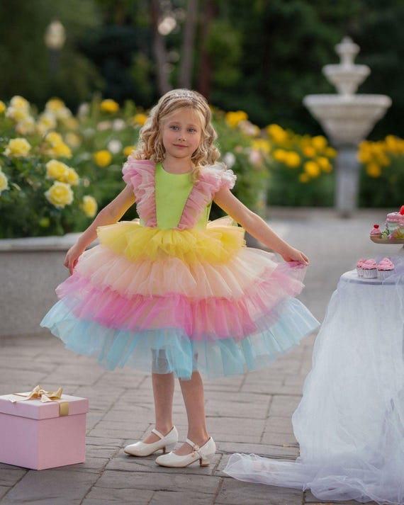 pastel toddler dress Pastel Rainbow Tulle Birthday Dress for Girls, Cotton-lined No-itch Pastel Tutu Dress, Toddler to 7Y Party Twirl Dress | Faeella