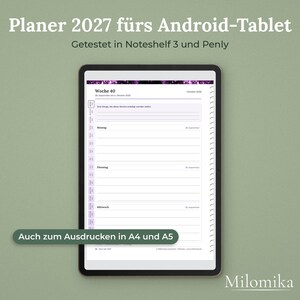 Planer 2027 für Android-Tablet, getestet in Noteshelf 3 und Penly, Kalender 2027 als PDF, auch zum Ausdrucken in A4 und A5, Lila Glitzer
