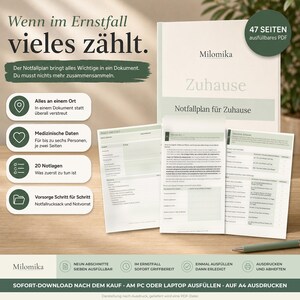 May include: A digital emergency planning document titled Milomika Zuhause Notfallplan für Zuhause, featuring 47 fillable PDF pages. The set includes sections for medical data, emergency procedures, and checklists, presented with green accents and text.