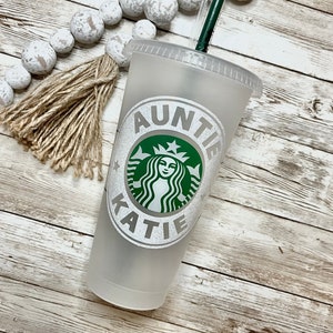 Auntie | Personalized Starbucks Cold Cup, Reusable Plastic Beverage Tumbler - You Choose Color and Name