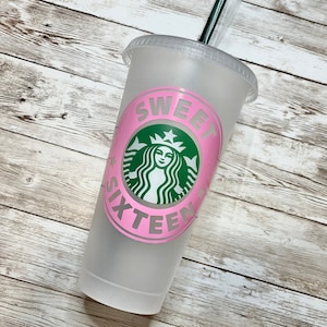 Sweet Sixteen | Personalized 16th Birthday Starbucks Cold Cup, Reusable Plastic Beverage Tumbler - You Choose Colors
