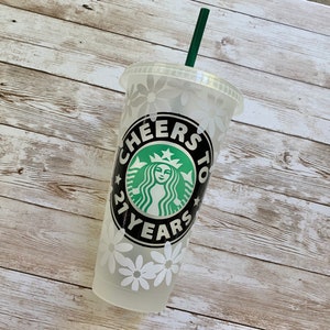 Cheers to 21 Years | Personalized 21st Birthday Daisy Starbucks Cold Cup, Reusable Plastic Beverage Tumbler - You Choose Colors