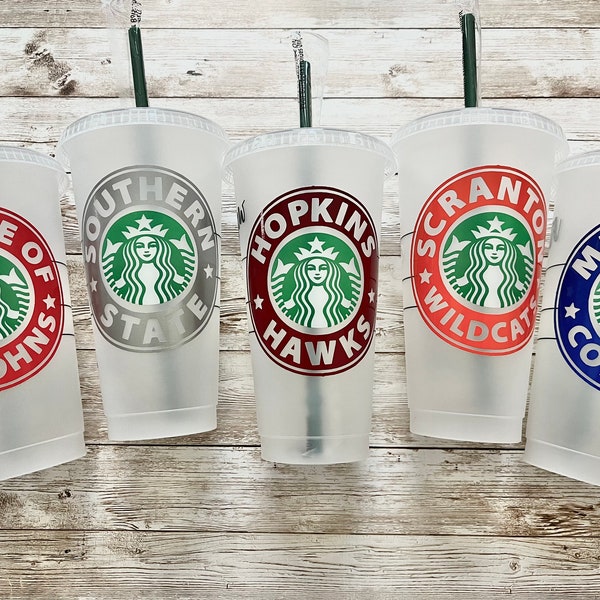 College or School of Your Choice | Personalized Starbucks Cold Cups, Reusable Plastic Beverage Tumbler - You Choose Colors and School