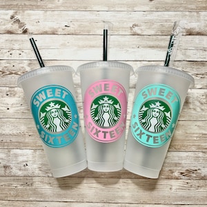 Sweet Sixteen | Personalized 16th Birthday Starbucks Cold Cups, Reusable Plastic Beverage Tumbler - You Choose Colors