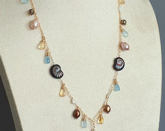 Collar de perlas barrocas, collar de citrino aguamarina, collar chapado en oro, joyería de amonita, mar de agosto, joyería única.