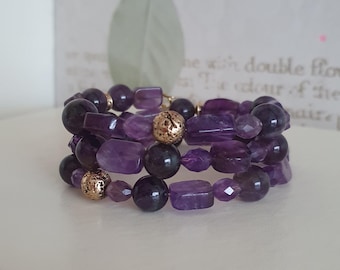 Amethyst and Lava Rock Bracelet Multi-Strand Adjustable Memory Wire Bracelet with Gold Accents and Toggle Clasp Handmade Crystal Jewelry