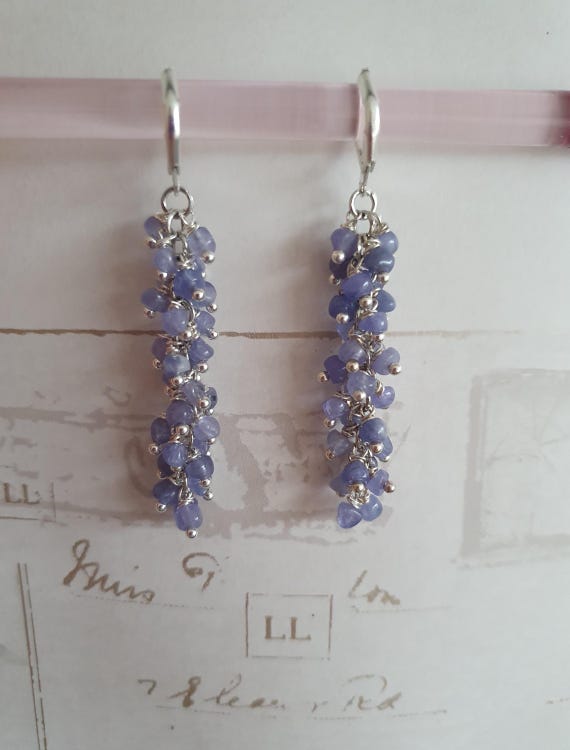 Natural Tanzanite Cluster Earrings, Handmade Boho Chic Gemstone Dangle Earrings, Artisan Silver Tone Long Drop Earrings, December Birthstone