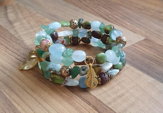 Bohemian Gemstone Bracelet – Adjustable Memory Wire Bracelet with Larimar, Chrysoprase, Citrine, Aventurine & More Handmade Layered Jewelry