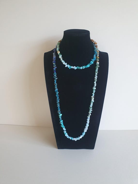 Coastal Colour Gradient Gemstone Necklace Aquamarine,  Amazonite,  Aventurine,  Jasper, Turquoise, Mookaite Extra Long Gift for Her