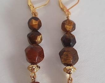 Natural Tiger’s Eye Dangle Earrings Handmade Crystal Drop Earrings Gold Tone Lava Stone Grounding and Confidence Gift Boxed 6.5 cm
