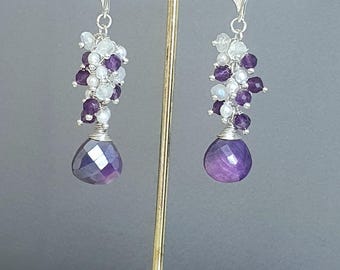 Pendientes de perlas, amatista y piedra lunar, pendientes colgantes con racimo de piedras preciosas moradas, pendientes colgantes de plata de ley, joyería nupcial llamativa
