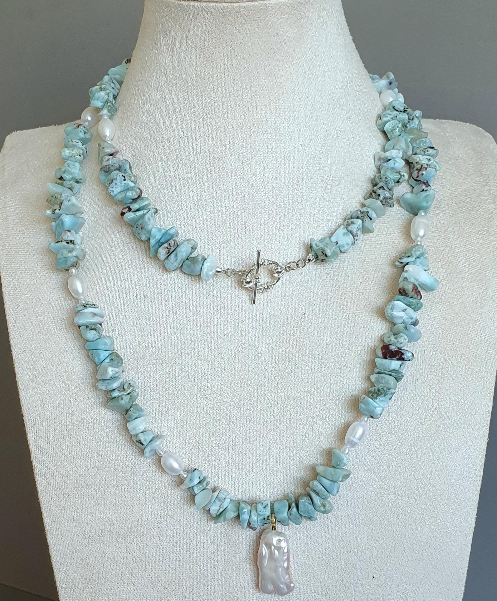 Long Larimar Necklace with Baroque Pearl Pendant, Natural Larimar Nugget Beads, Ocean Inspired Statement Jewelry