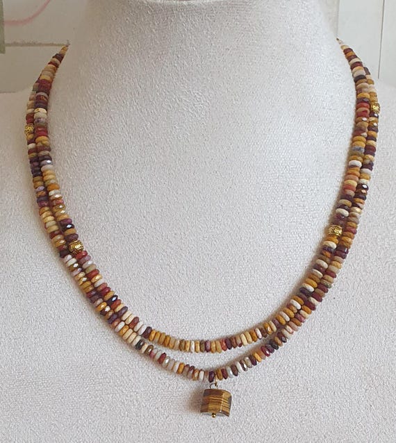 Natural Mookaite & Tiger Eye Necklace – Faceted Gemstone Handmade Jewellery – Boho Earth Tone Statement Piece