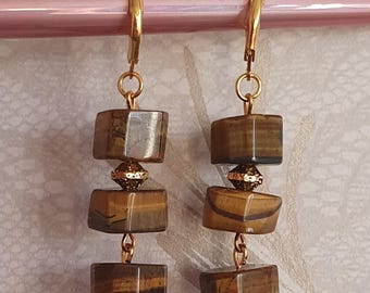 Pendientes de ojo de tigre natural – Pendientes colgantes dorados hechos a mano con piedras preciosas – Pendientes colgantes bohemios con toques terrosos – Un regalo único para ella