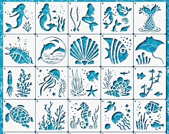 25 Reusable Mermaid Sea Ocean Creature stencils - For Painting sea animal Stencils For SeaPainting On Wood, Wall, Canvas, 4 X 4 Inch