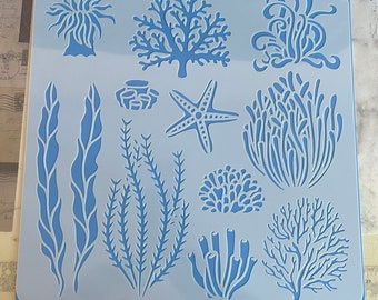 Large Under the Sea Stencil 11.8x11.8" Craft Stencil Reusable Plastic - sea life stencil - sea plants - coral - sea flor