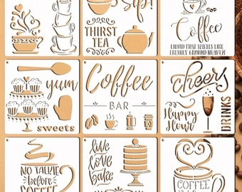 9 Reusable Cafe theme stencils - coffee bar - cafe -  kitchen wall stencils - wall art - On Wood, Wall, Canvas, 6 X 6 Inch