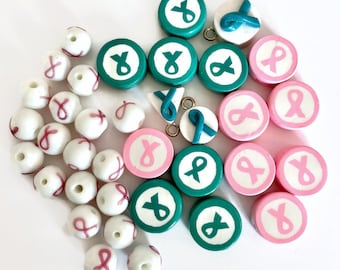 Lot of Breast Cancer and Ovarian Cancer Beads, charms - polymer clay beads - lampwork beads