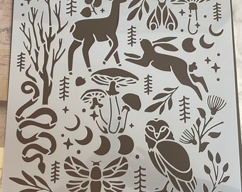 Magical Forest Stencil 11.8x11.8" Craft Stencil Reusable Plastic - owl - magic - fairy woodland