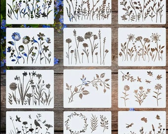 12 Reusable Flower stencils - For Painting Flowers Stencil Bouquet Plants Stencils For Painting On Wood, Wall, Canvas, 5 X 6 Inch (V2)