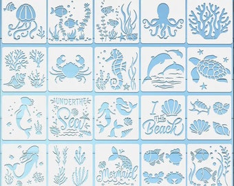 20 Reusable Mermaid Sea Ocean Creature stencils - For Painting sea animal Stencils For SeaPainting On Wood, Wall, Canvas, 5 X 5 Inch