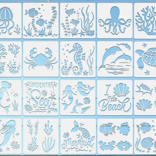 20 Reusable Mermaid Sea Ocean Creature stencils - For Painting sea animal Stencils For SeaPainting On Wood, Wall, Canvas, 5 X 5 Inch