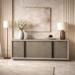 Aparador buffet de roble gris, credenza de 4 puertas, mueble de comedor moderno con acabado en cuarzo.