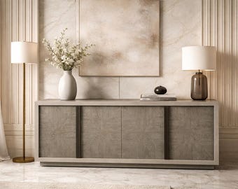 Grijs eiken buffetkast, dressoir met 4 deuren, moderne eetkameropberger, afwerking met kwarts vuursteen