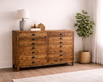 Apothecary Reclaimed Wood Dresser – 8 Drawer Rustic Solid Wood Chest, Vintage Farmhouse Storage Cabinet, Antique Style Bedroom Organizer