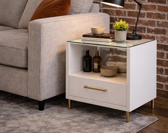 White Lacquer Nightstand, 1 Drawer Bedside, Gold Acrylic Hardware, Glass Top