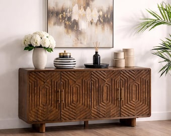 Solid Wood Sideboard 78", Modern Mango Wood Buffet Cabinet, Large Dining Room Storage.